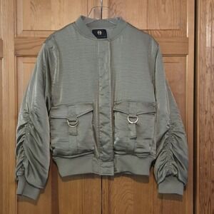 House Of Harlow 1960 Olive Green Satin Bomber Jacket Ruched Glam Retro  Women's